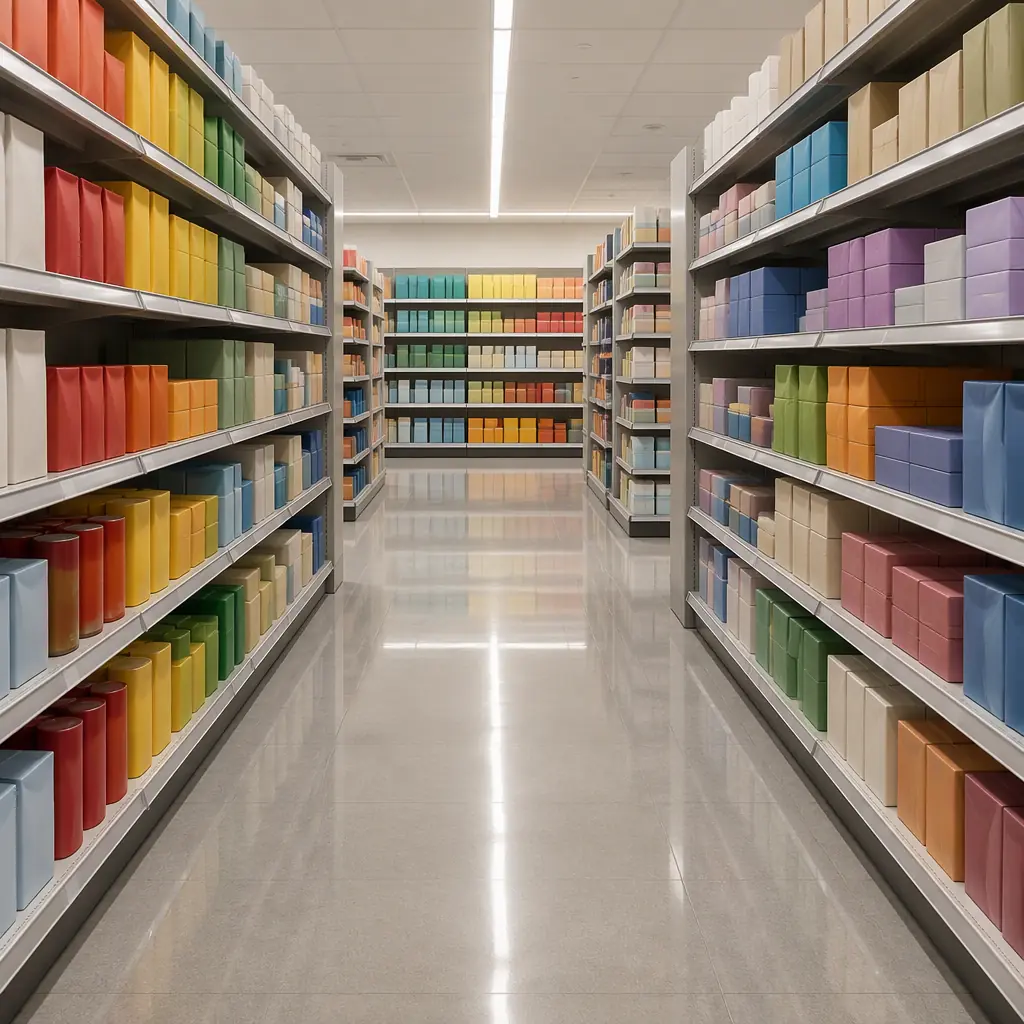 Photorealistic empty modern supermarket aisle with neat unbranded shelves, no people faces, no text