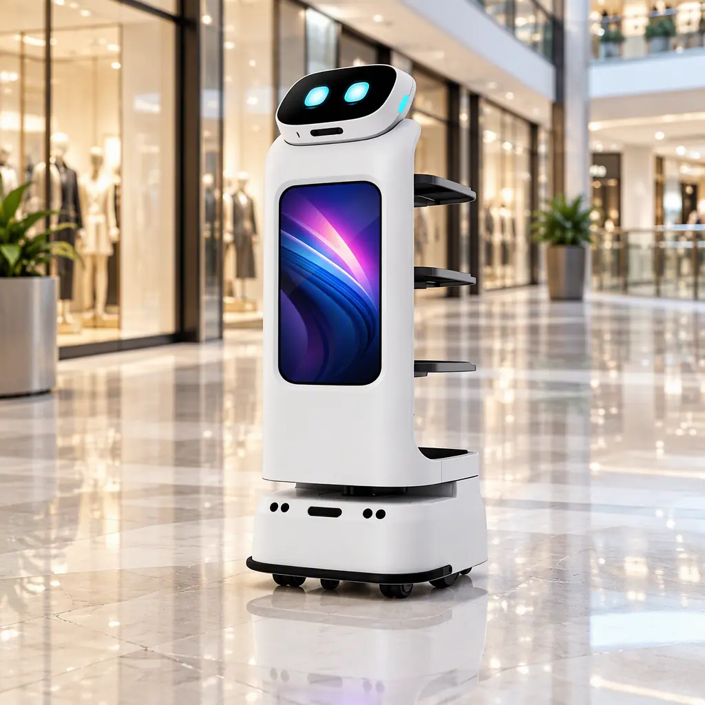 Photorealistic delivery robot with a glowing screen travelling through a bright shopping mall concourse, no people faces, no text