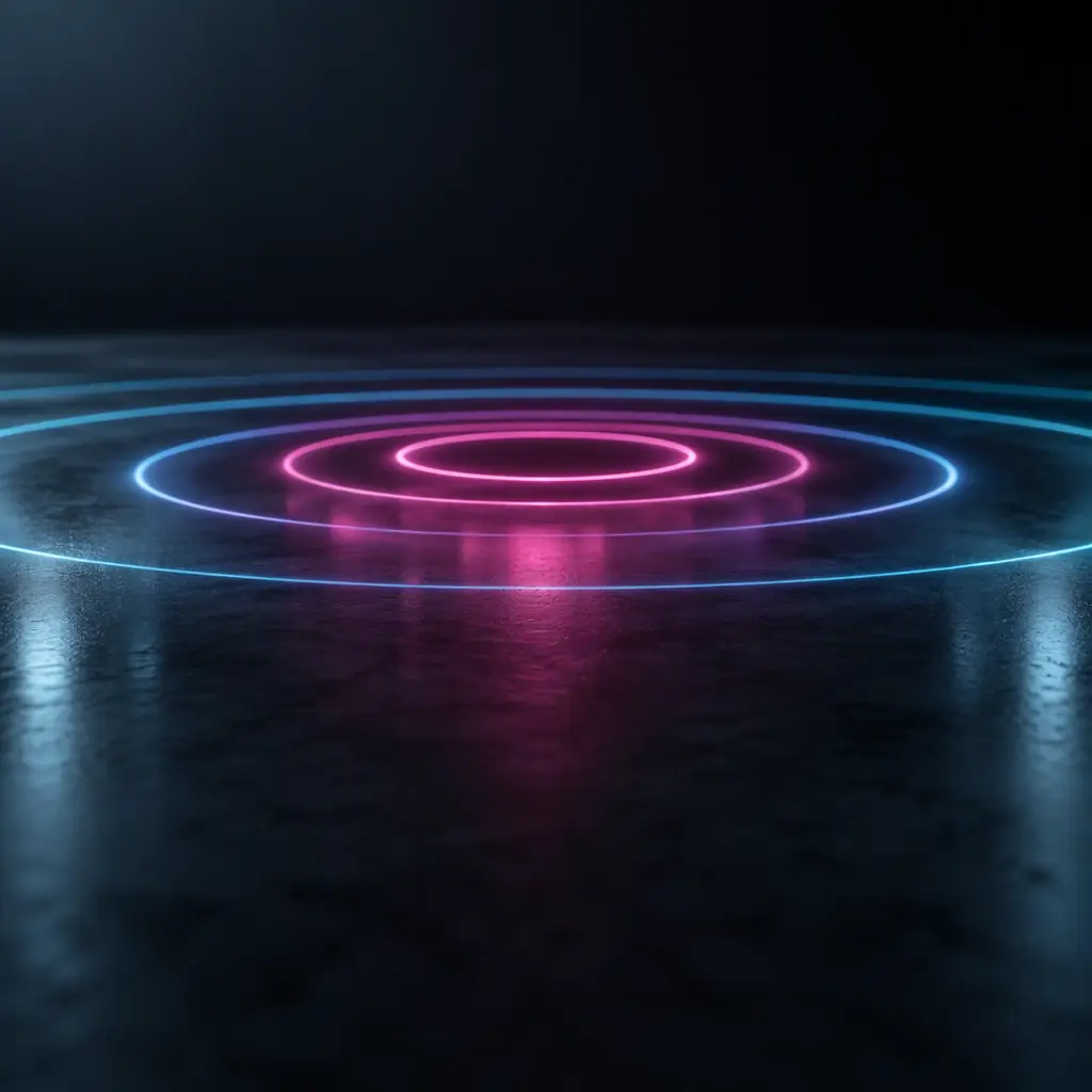 Photorealistic abstract concept of concentric rings of magenta and cyan light on a dark surface, no text