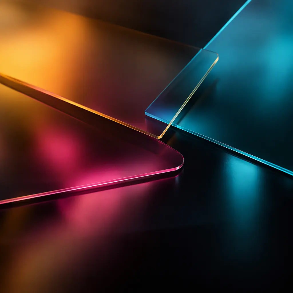 Photorealistic abstract concept of overlapping panels of amber magenta and cyan light, no text
