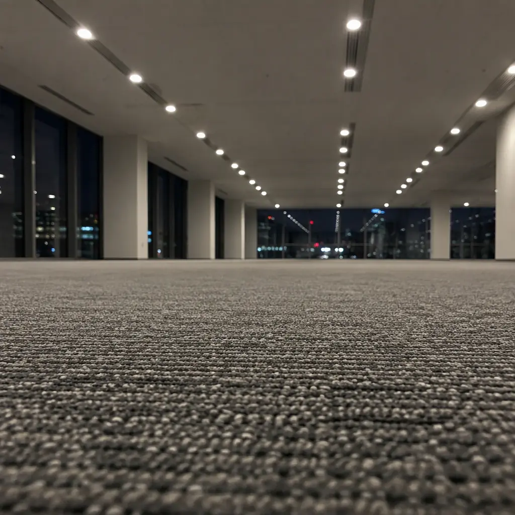 Photorealistic photograph of an autonomous robot vacuum head gliding across low-pile office carpet in an open-plan workspace at night, visible fibre texture, no people and no text