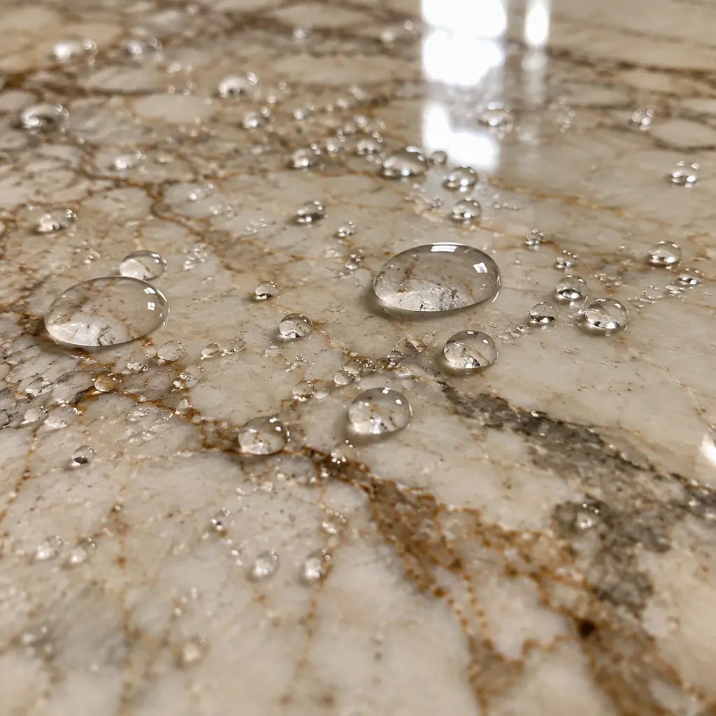 Photorealistic close macro photograph of water droplets beading on a sealed polished marble stone floor surface, studio lighting, no people and no text
