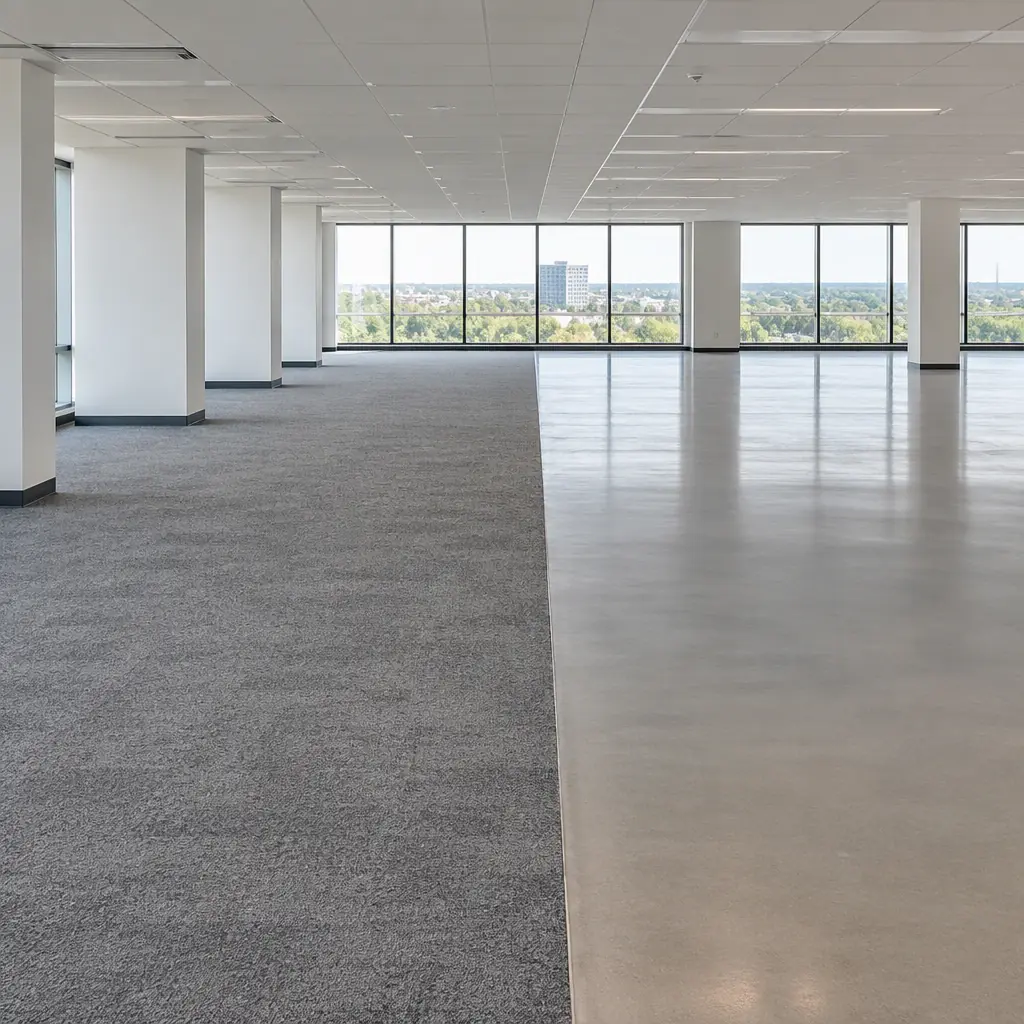 Photorealistic wide photograph of a large open-plan office floor showing a clear boundary where low-pile carpet ends and sealed hard flooring begins, soft daylight, no people, no furniture, no text