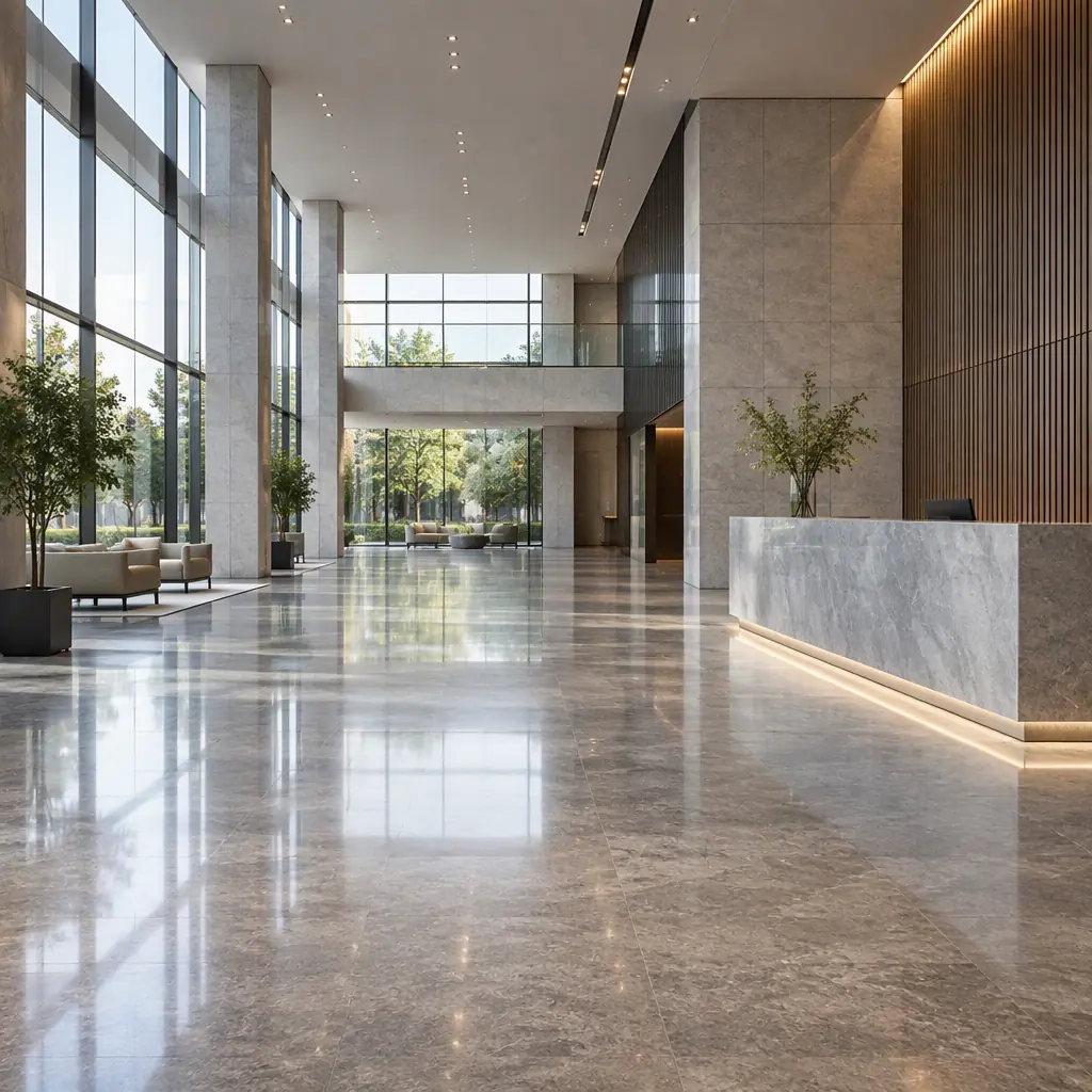 Photorealistic empty modern corporate lobby with polished stone floor and soft daylight, no people faces, no text