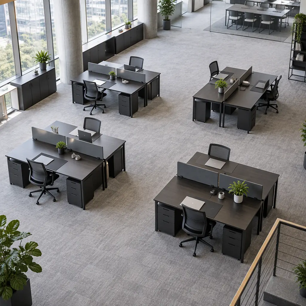 Photorealistic overhead view of a large open-plan office floor with carpet tiles, no people faces, no text