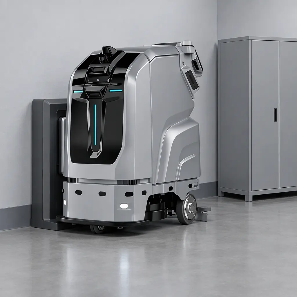 Photorealistic floor scrubbing robot parked on a wall charging dock in a clean grey service area, no people faces, no text