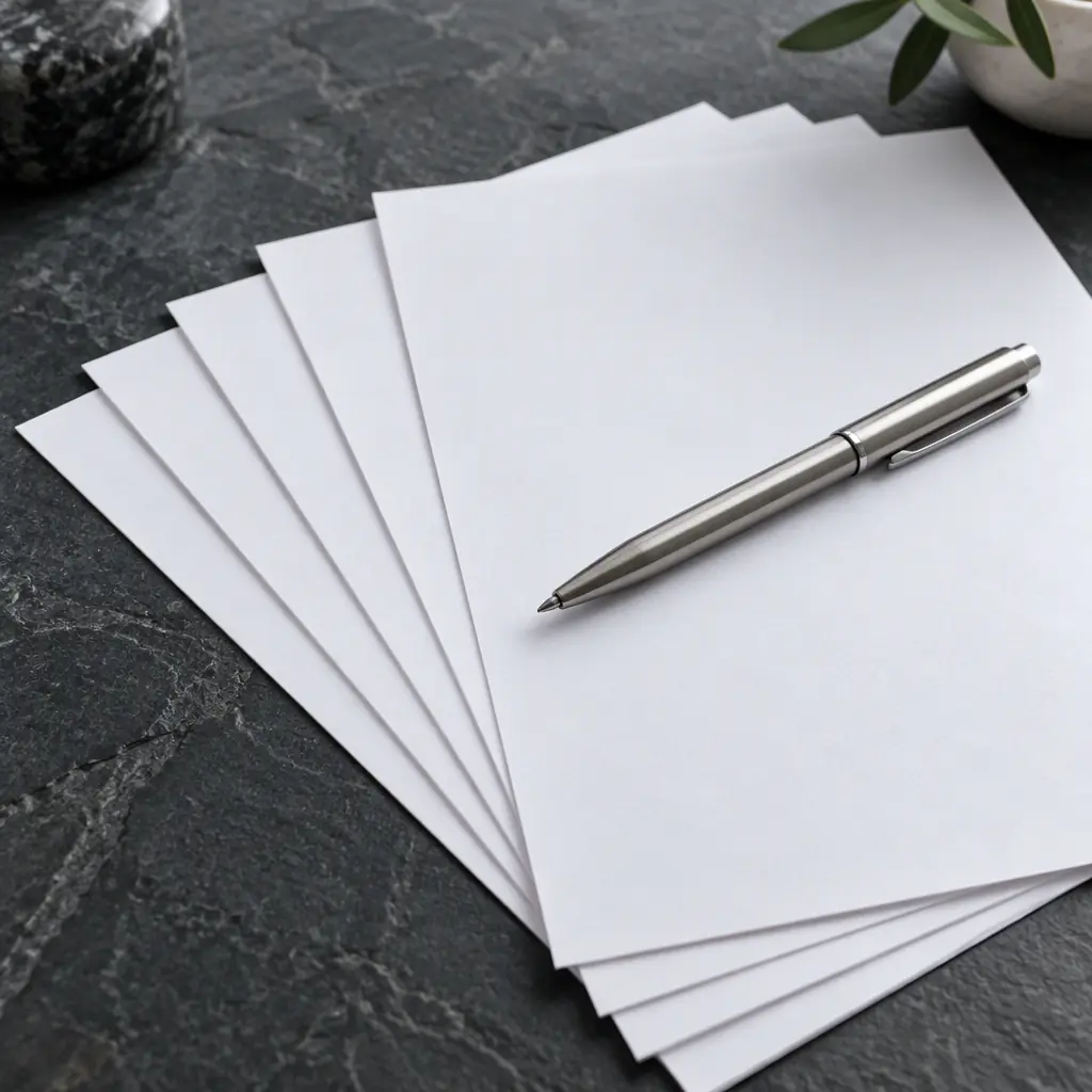 Photorealistic abstract still-life of a neat fan of blank white sheets on a dark slate surface, no text