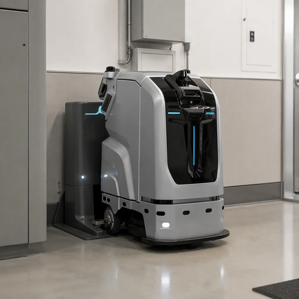 Cleaning robot fleet management dashboard controlling autonomous scrubbers across a commercial building