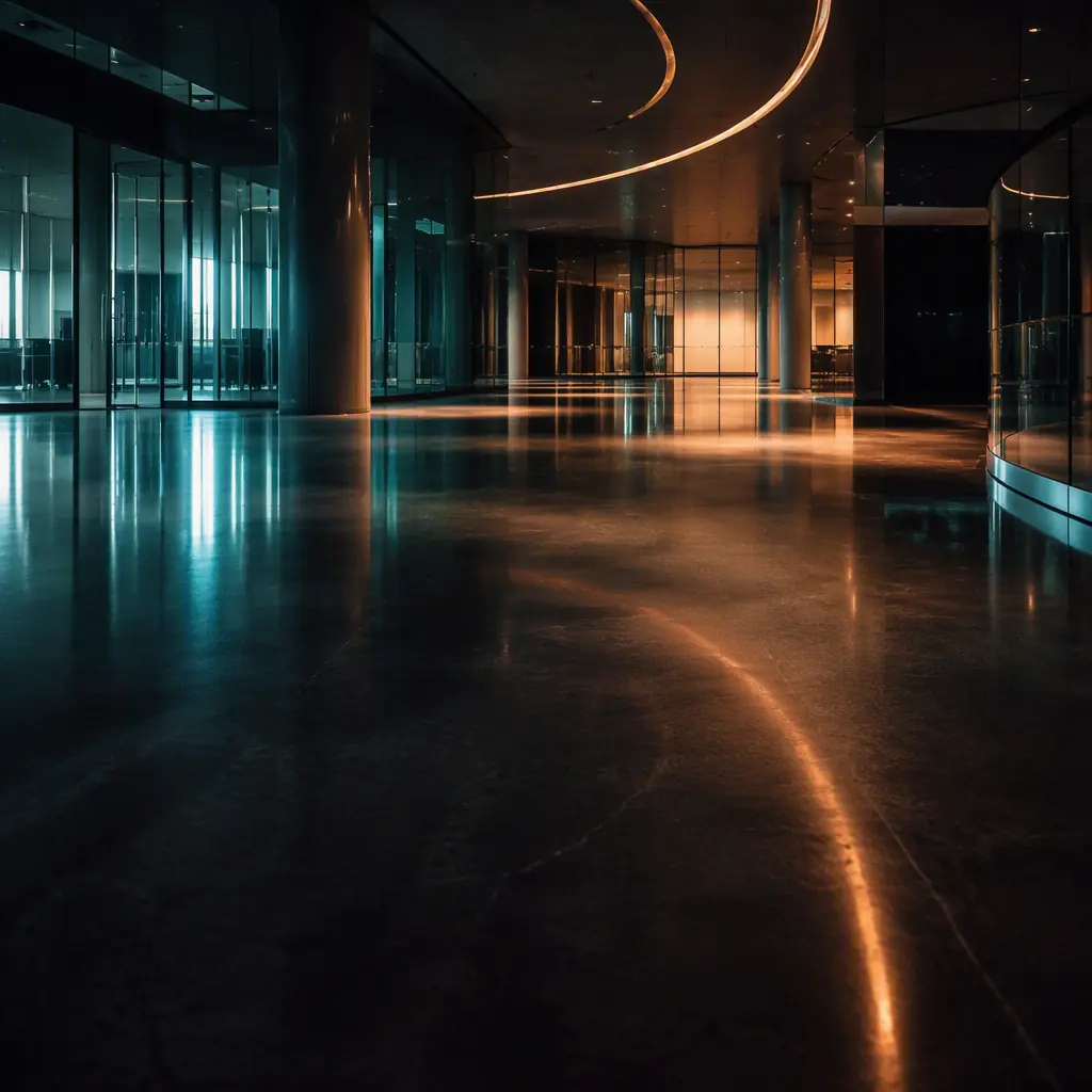 Cool cyan and violet light streaks arcing across a dark polished floor in an empty modern office lobby at night, abstract representation of networked systems