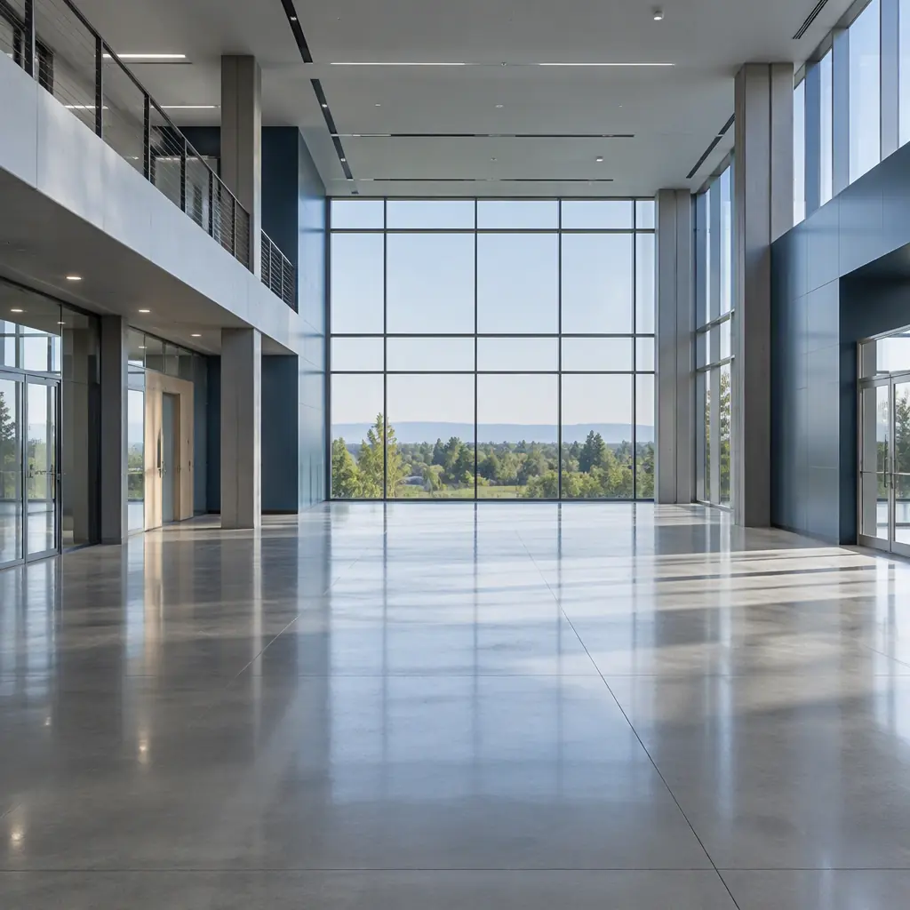 Wide empty modern building operations hall with clean polished concrete floor and large windows, no robots, no people and no text