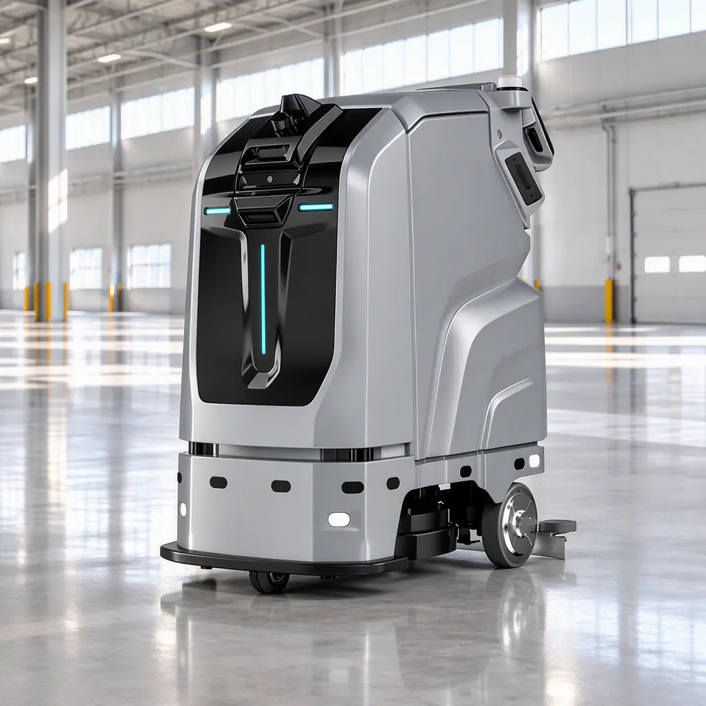 Single autonomous large-format floor scrubber at rest on a clean warehouse floor inside a bright empty distribution hall, no people and no text