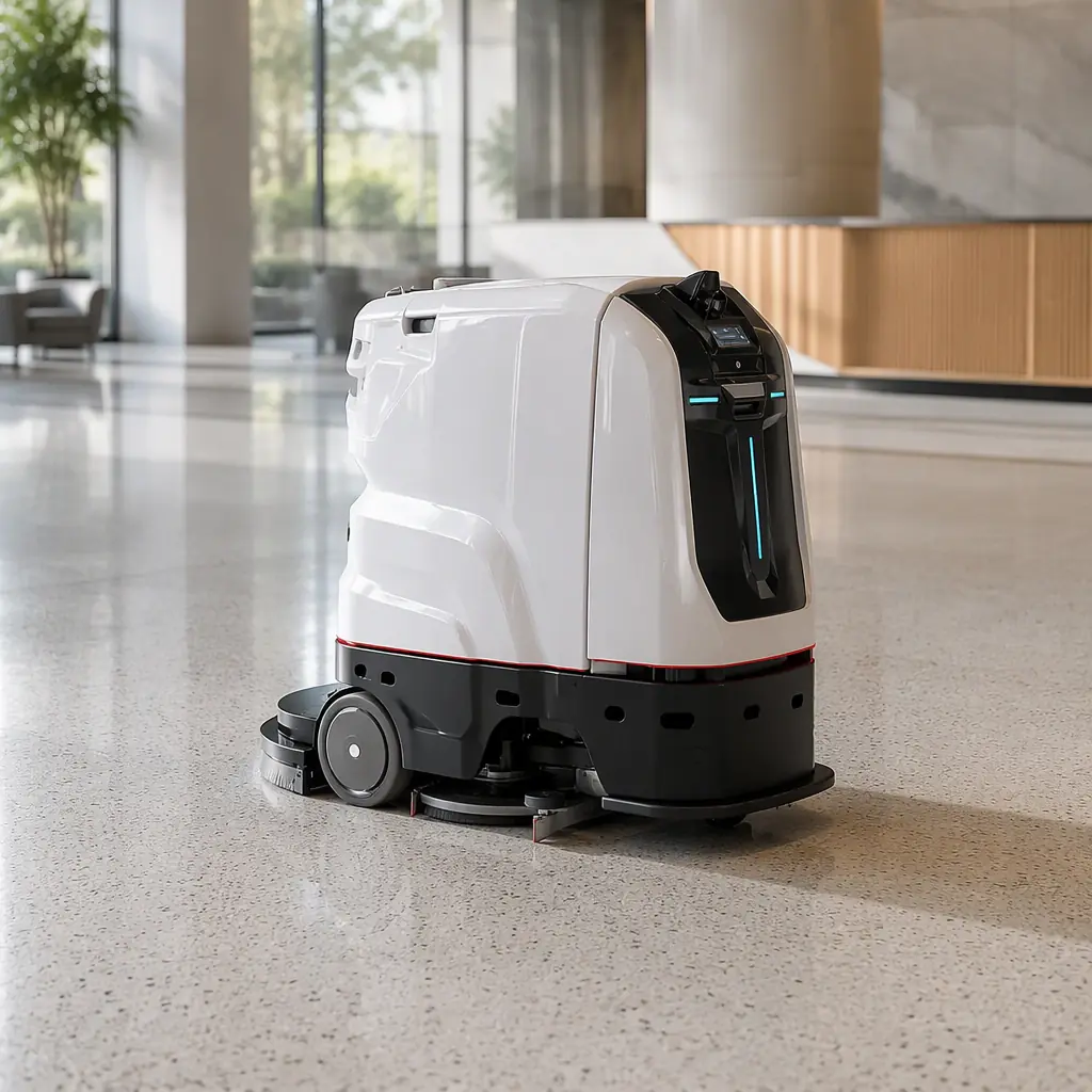 CLEINBOT M79 autonomous scrubber cleaning a bright polished terrazzo lobby floor, photorealistic