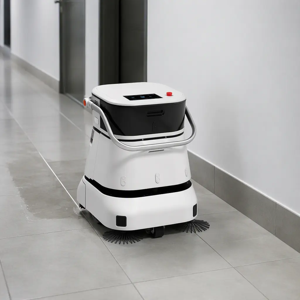 CLEINBOT C2 Pro compact cleaning robot in a narrow ceramic-tile corridor, photorealistic