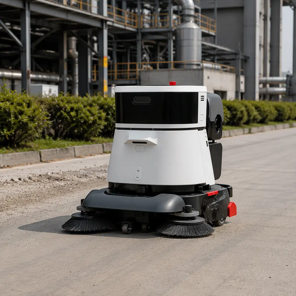 CLEINBOT CC201 outdoor sweeper cleaning an industrial access road, photorealistic