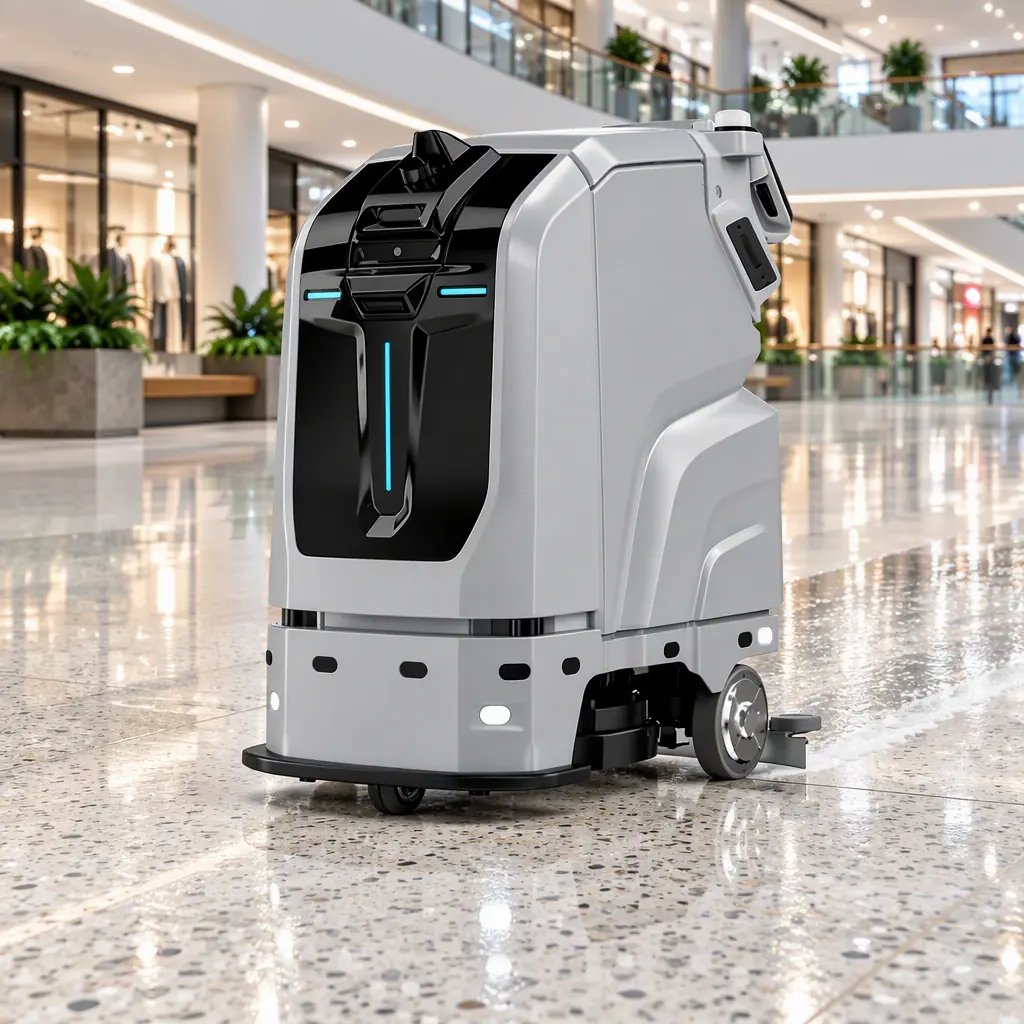 Large autonomous floor scrubbing machine working across a wide commercial building floor with a cleaned wet strip behind it, no people and no text