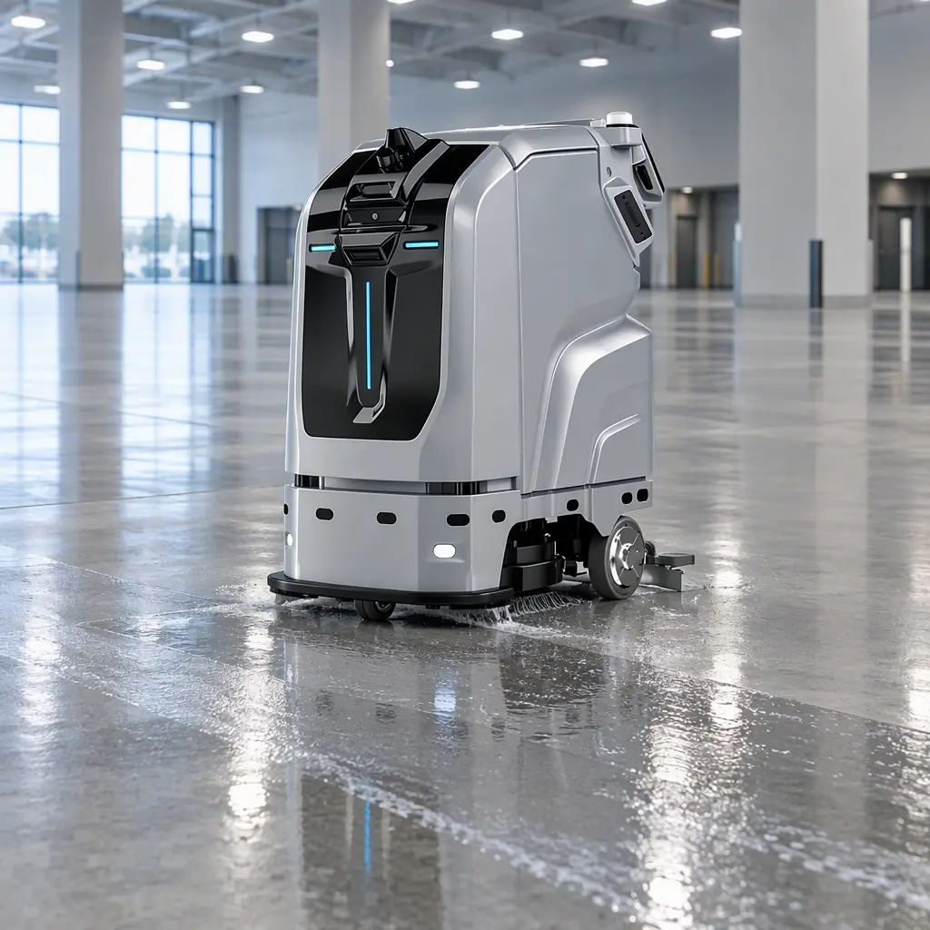 Photorealistic view of a large autonomous floor scrubbing machine working a wide polished hall floor, machine mid-pass with water visible on the cleaned strip behind it, no people and no readable text