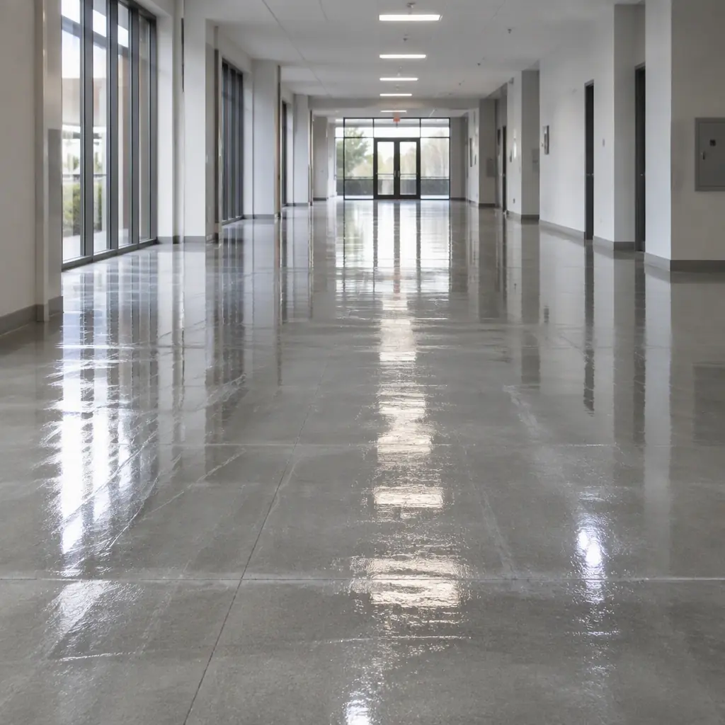 Photorealistic close view of a wet hard floor in a commercial building corridor with cleaning solution sheen under overhead lighting, no people and no machines and no readable text