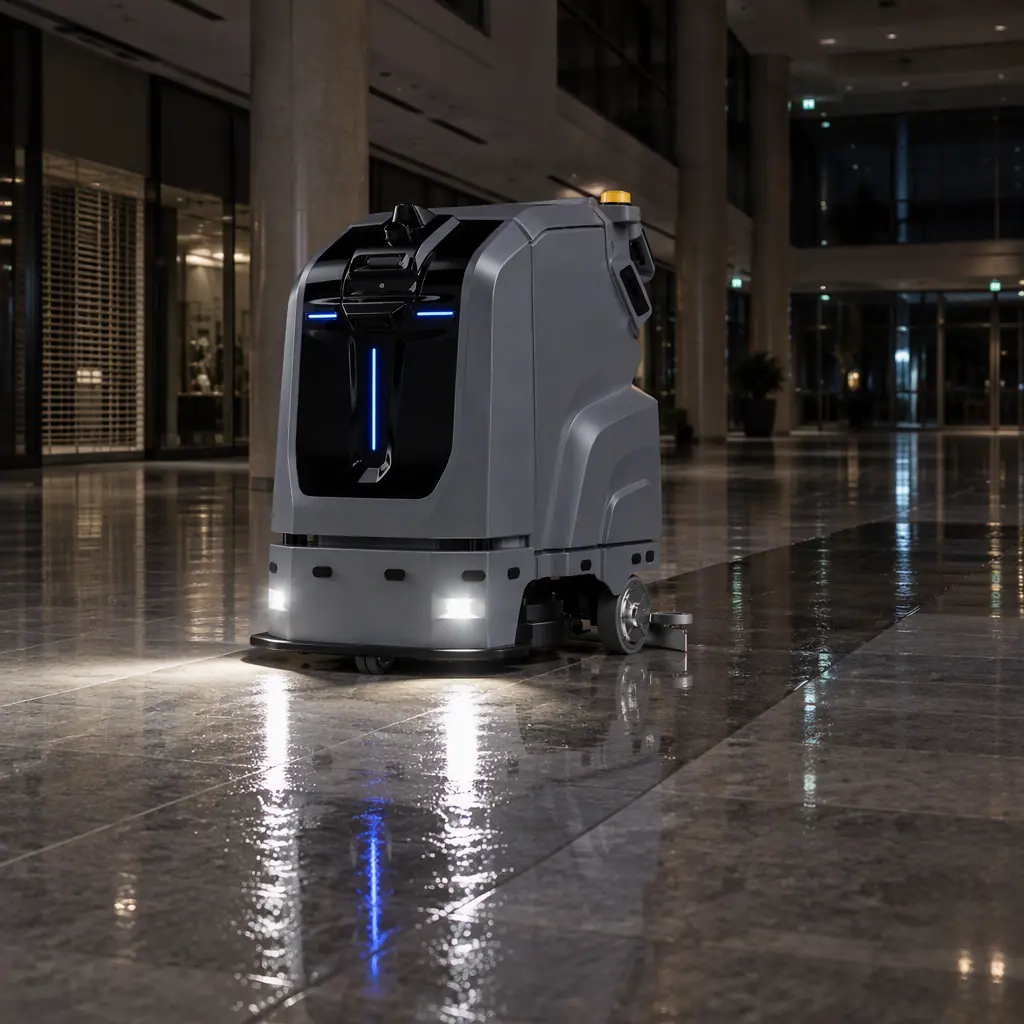 Autonomous cleaning robot working a large tiled floor in a dimmed commercial building atrium after hours, no people and no text