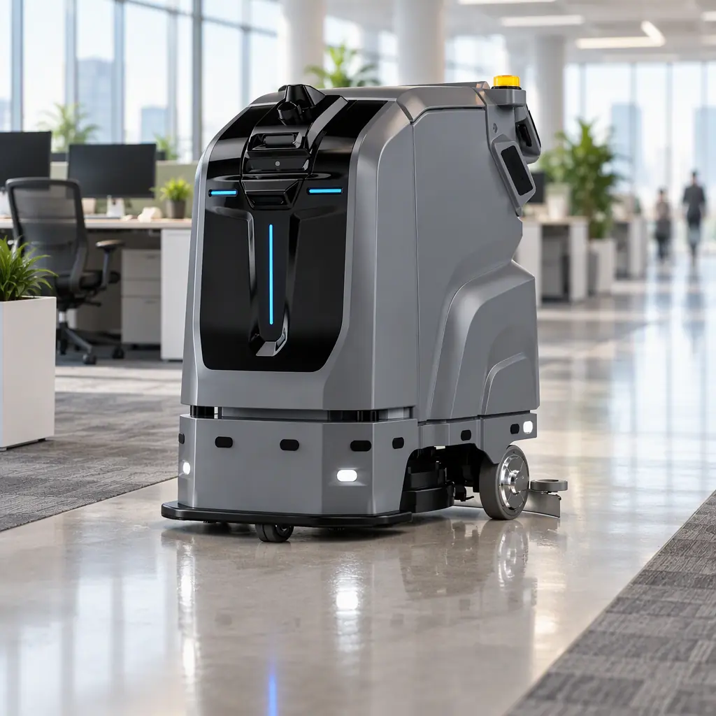 Autonomous cleaning robot covering a large commercial lobby floor during daytime operating hours, office workers visible only as distant blurred figures, no text