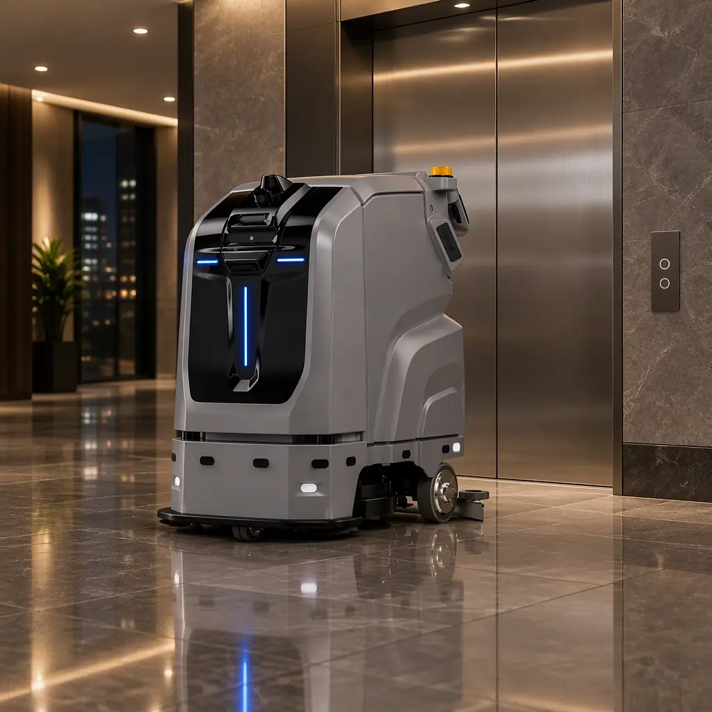 Autonomous cleaning robot entering a building lift lobby during an off-hours cleaning cycle, polished stone floor and glass doors, no people and no text