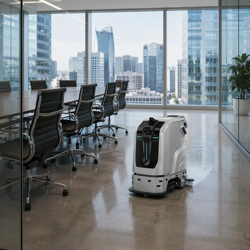 CLEINBOT M79 indoor cleaning robot working in an empty glass-walled meeting room of a modern office tower, conference table and chairs, city view through the windows, quiet daylight