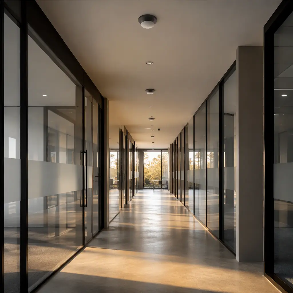 Empty modern office corridor with ceiling-mounted occupancy sensors and warm light falling across the floor, glass office walls, quiet atmosphere, no robots, no people
