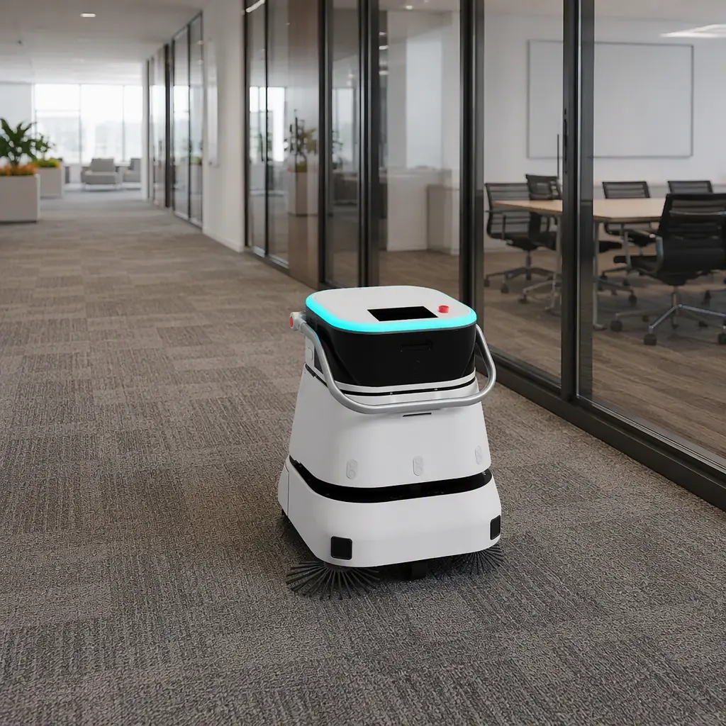 CLEINBOT C2 Pro floor scrubbing robot cleaning the empty carpeted corridor of a modern office floor, glass meeting rooms along one side, soft daylight, no people