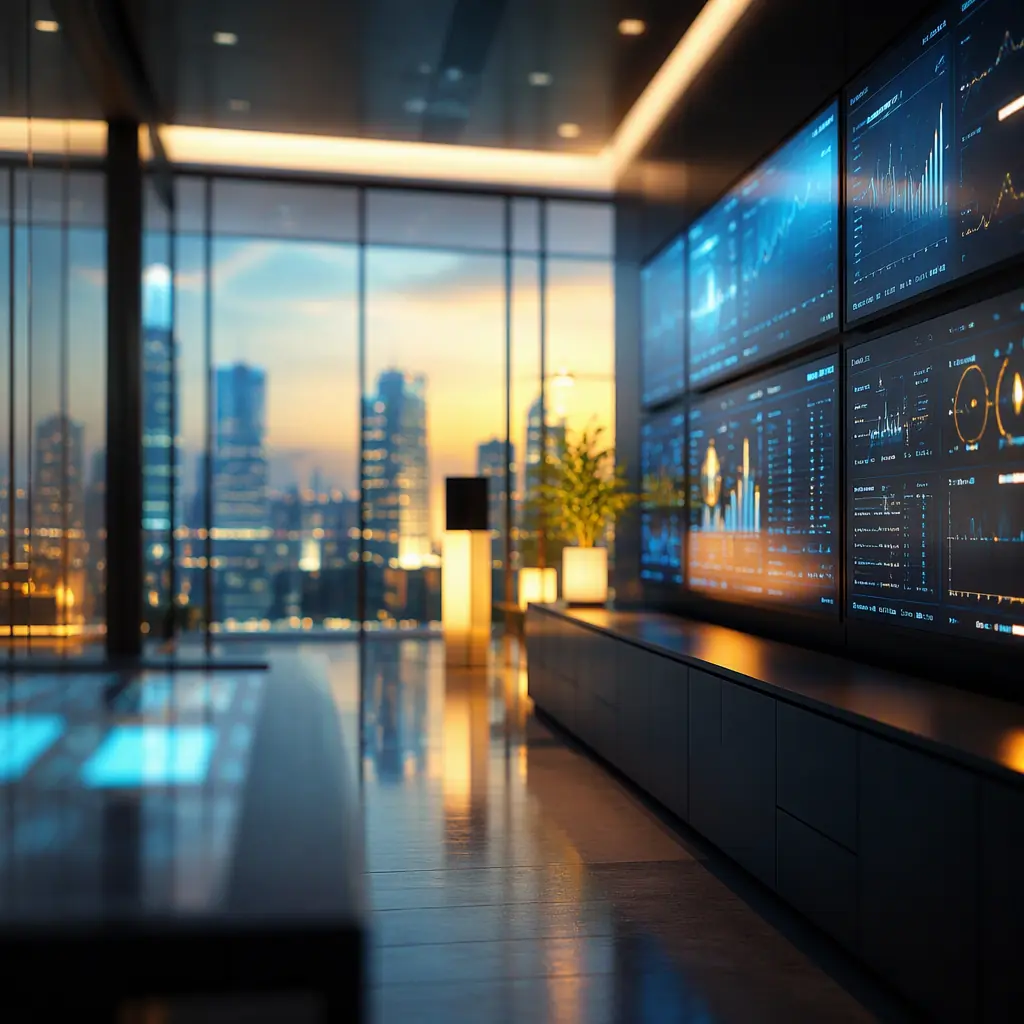 Abstract view of a modern building management control room at dusk, glowing monitoring screens and server racks with soft blue and gold light, no readable text, no people, no robots