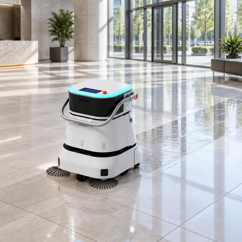 Compact autonomous floor scrubber cleaning a tiled corridor in a commercial building, no people and no text