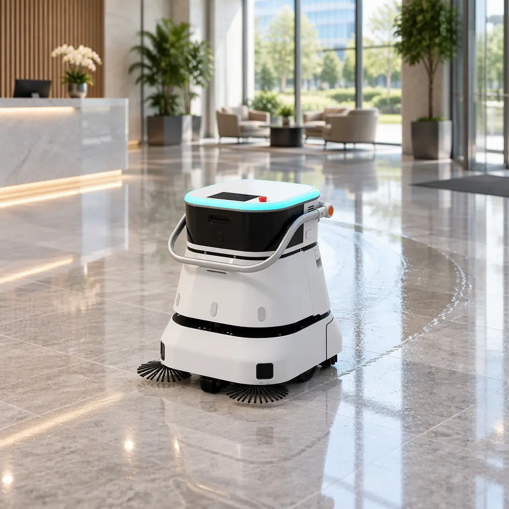 Photorealistic wide view of a compact white autonomous scrubber robot on a polished office lobby floor with a clean wet trail behind it, no people and no text