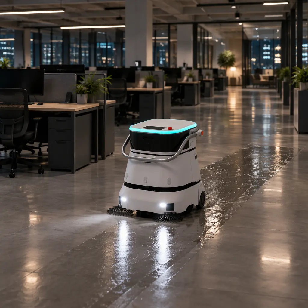 Photorealistic wide view of a compact autonomous floor scrubber working an empty office lobby at night, wet floor trail, no people and no text