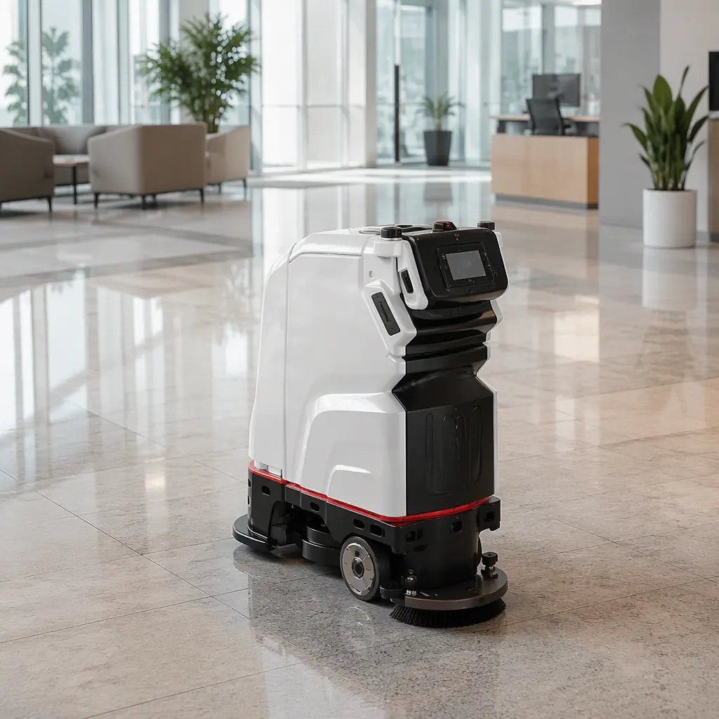 CLEINBOT M79 autonomous scrubber cleaning a large polished atrium floor in open-plan office space, photorealistic