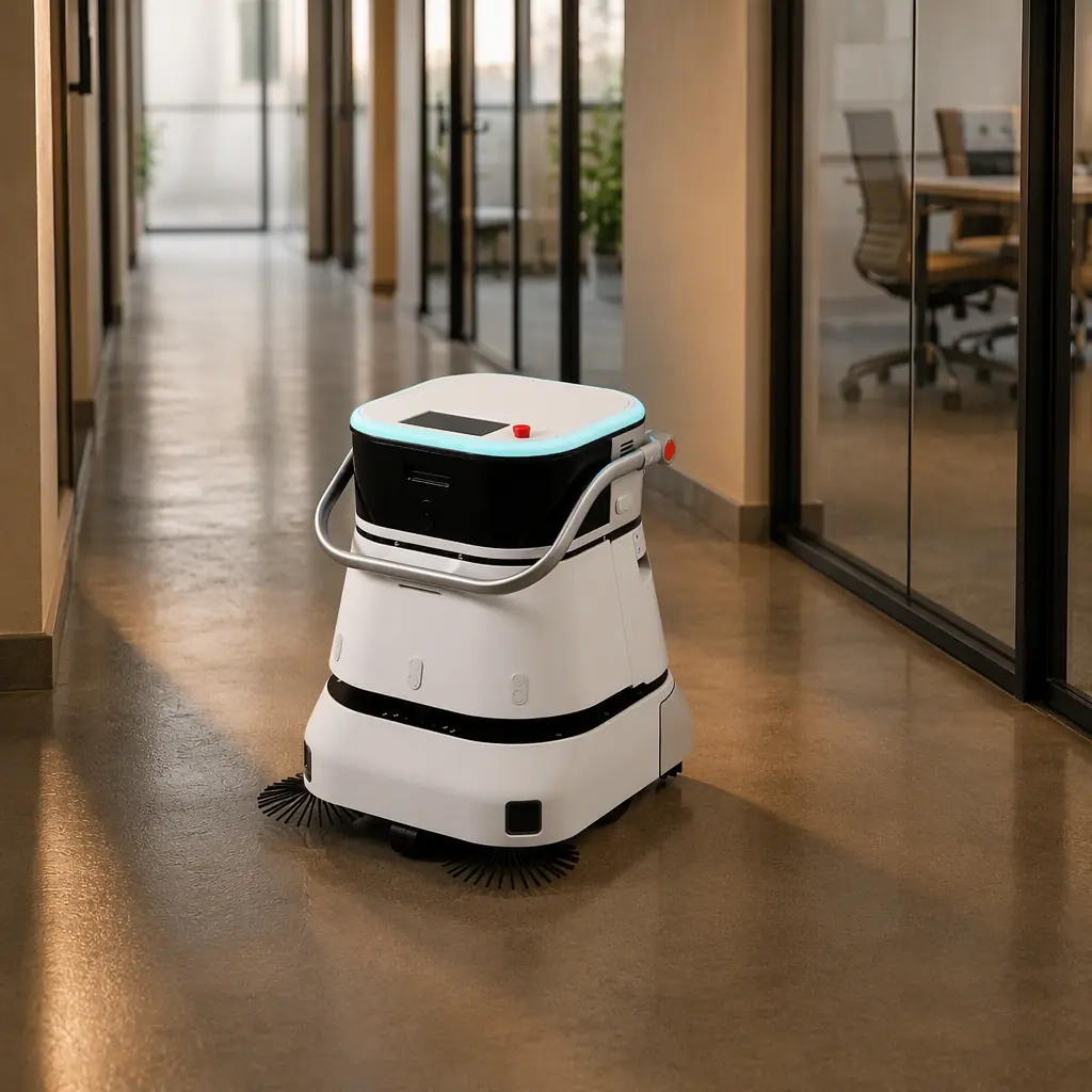CLEINBOT C2 Pro compact cleaning robot working a narrow office corridor with glass meeting rooms, photorealistic