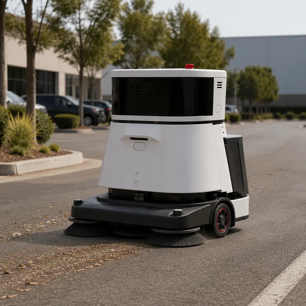 CLEINBOT CC201 outdoor sweeping robot cleaning a parking lot and industrial access road, photorealistic