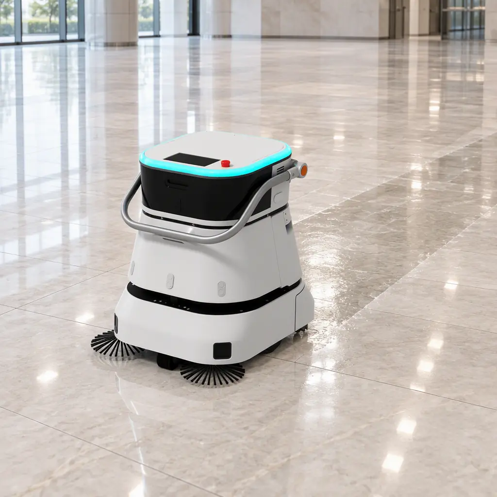 Autonomous floor-scrubbing robot passing over a large commercial stone floor with a clean wet trail behind it, no people and no text
