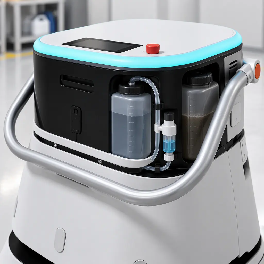 Photorealistic detail of an autonomous cleaning robot's solution tank and metered chemical dosing injector, no people and no text