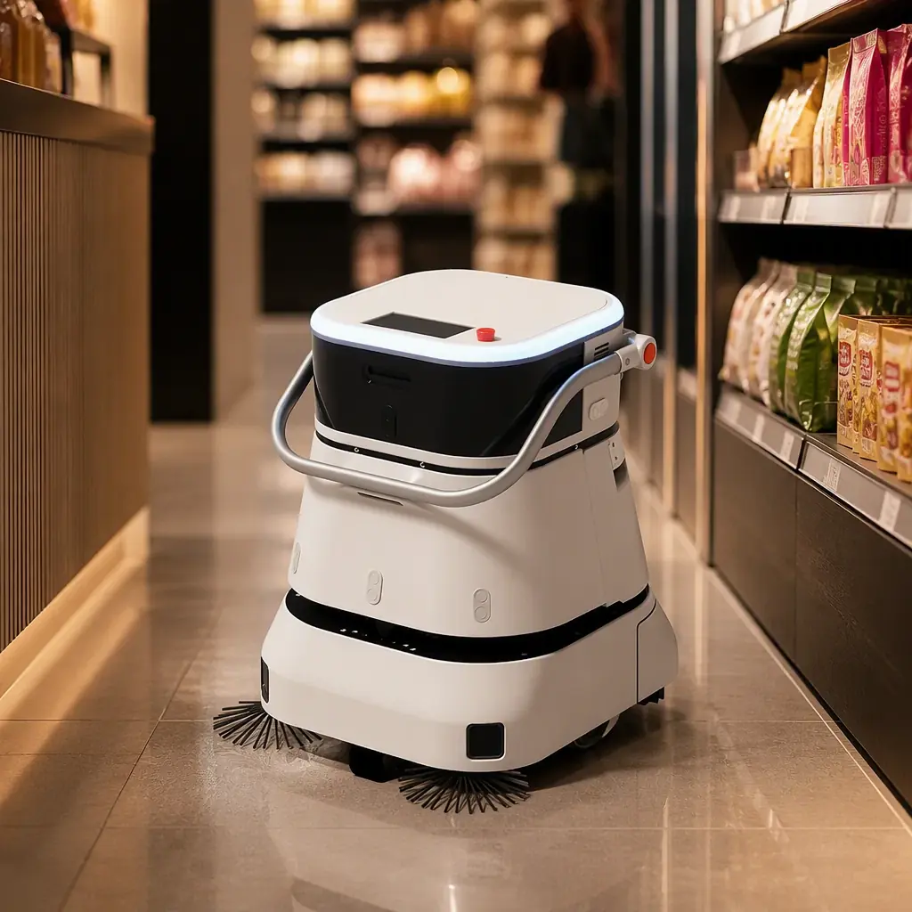 Compact indoor floor-scrubbing robot working in a narrow retail corridor, photorealistic, no logos