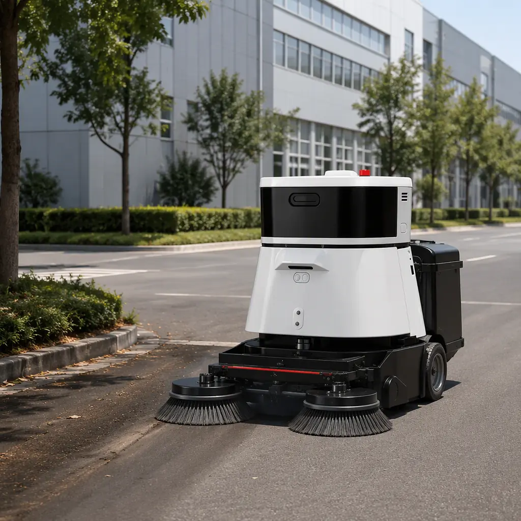 Outdoor autonomous sweeper clearing an industrial park access road, open daylight, photorealistic, no logos