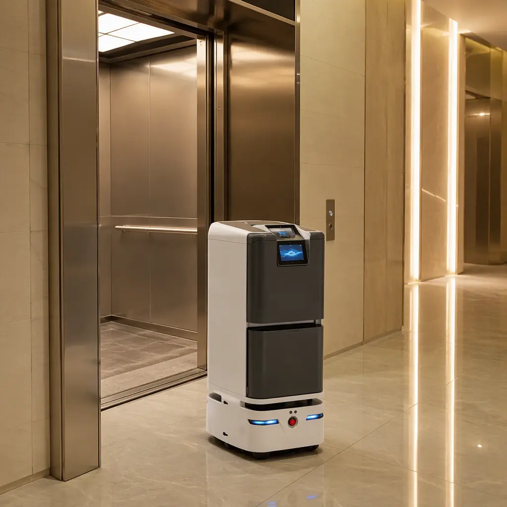 AOMAN DOUBLE autonomous delivery robot waiting at a building elevator lobby, polished stone floor, warm lighting, elevator doors open