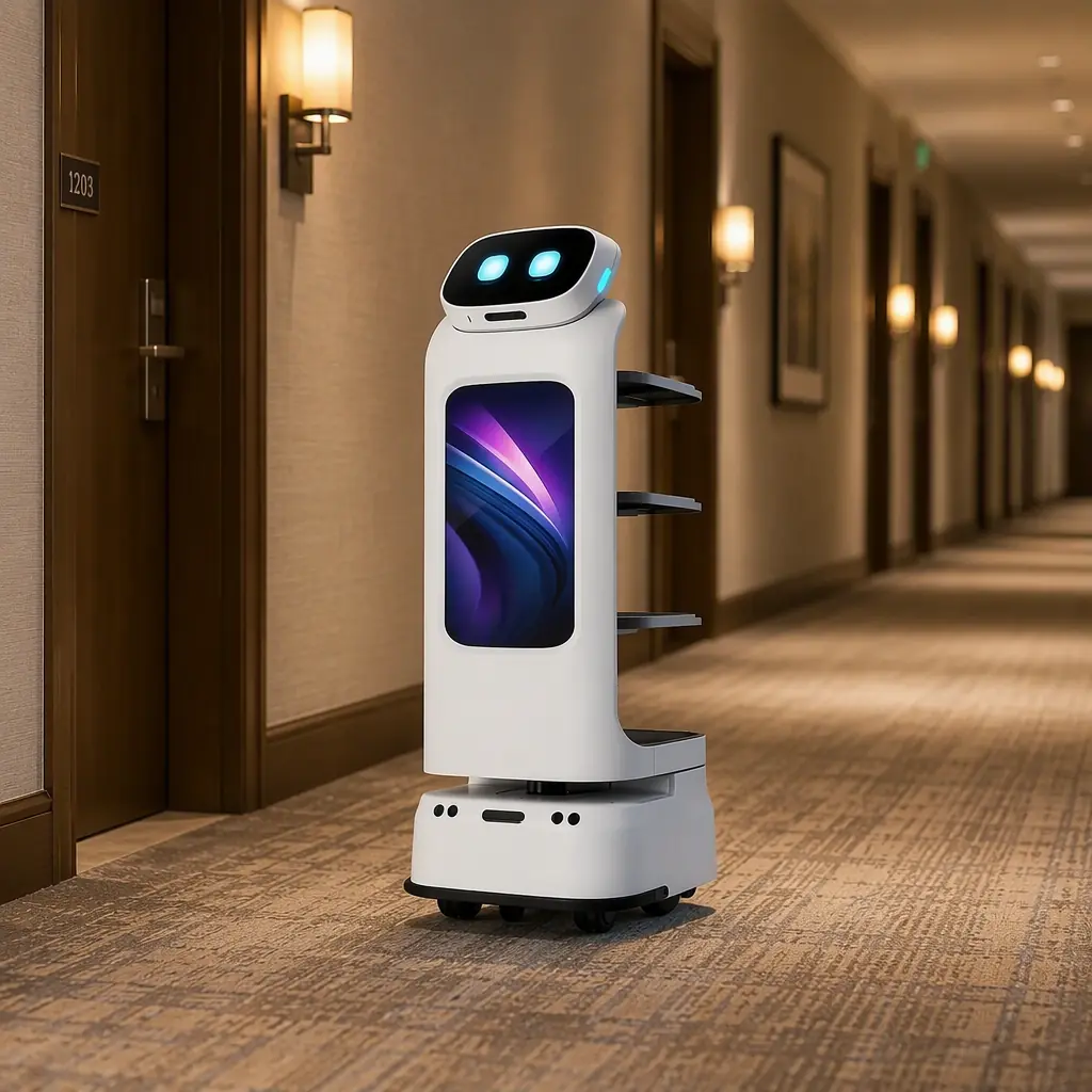 CADEBOT L100 delivery robot traveling along a carpeted hotel corridor with guest room doors and warm wall sconce lighting, side view, photorealistic