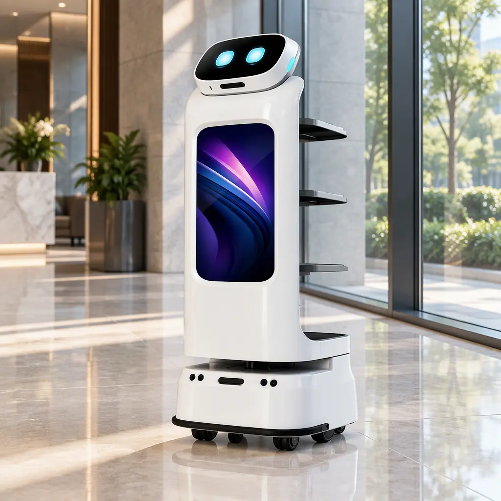 Photorealistic wide photograph of a compact white and grey four-wheeled delivery robot with a closed top-loading cargo cabinet standing on a polished lobby floor, soft daylight, no people and no text