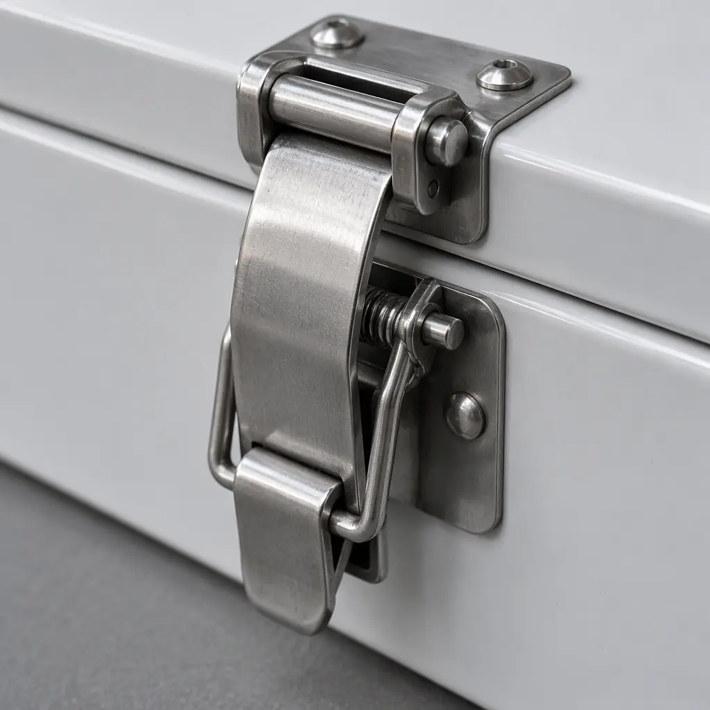 Photorealistic macro photograph of a stainless steel latch and hinge assembly on the cargo lid of a wheeled delivery robot, shallow depth of field, neutral industrial lighting, no people and no text