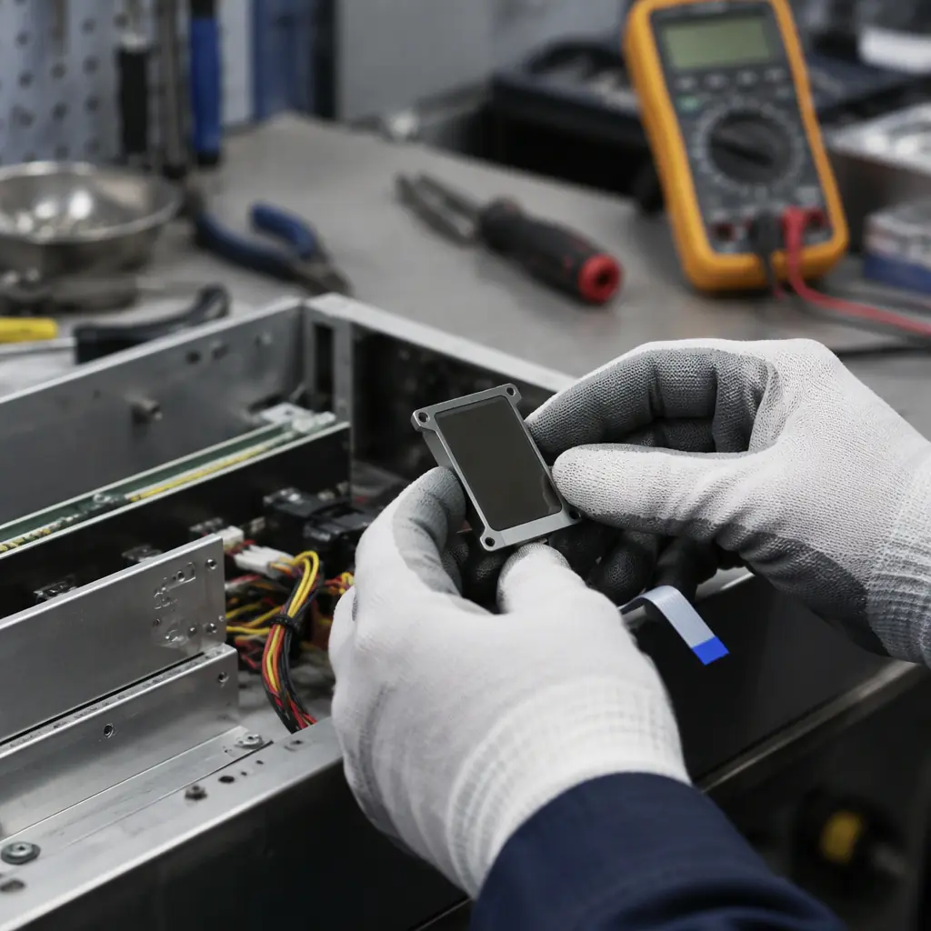 Photorealistic photograph of a service technician's gloved hands holding a small sensor module above an open robot chassis panel on a workbench, cool workshop lighting, no people faces and no text