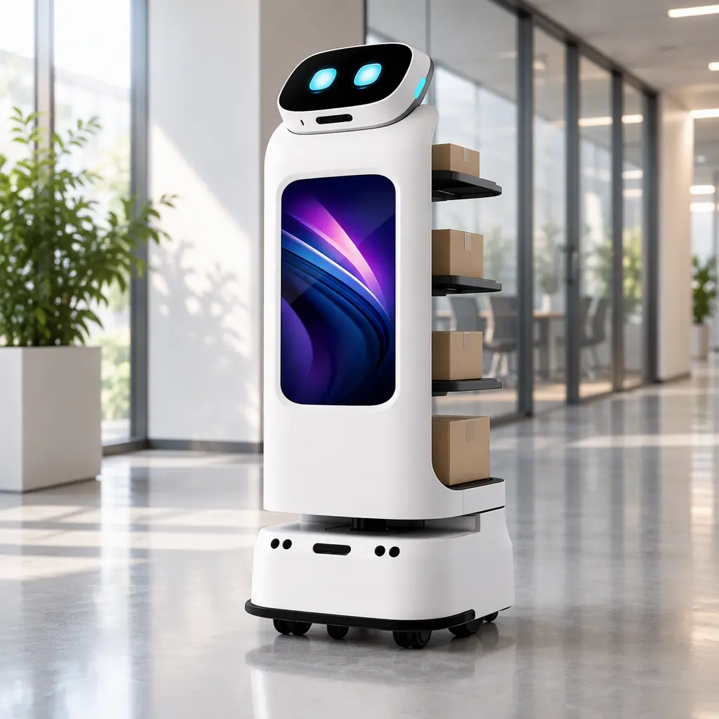 AOMAN D1 delivery robot with loaded parcel trays in a serviced office corridor