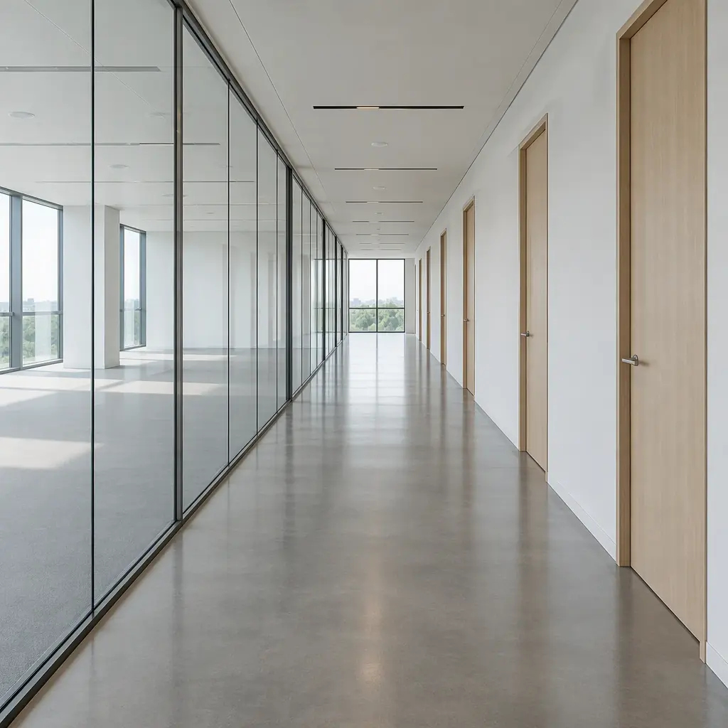 Empty office corridor at mid-morning, the route a delivery robot must traverse each trip