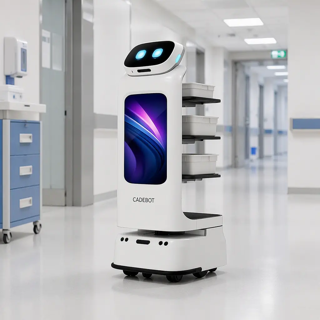 CADEBOT L100 delivery robot travelling down a bright hospital corridor toward an elevator lobby, photorealistic