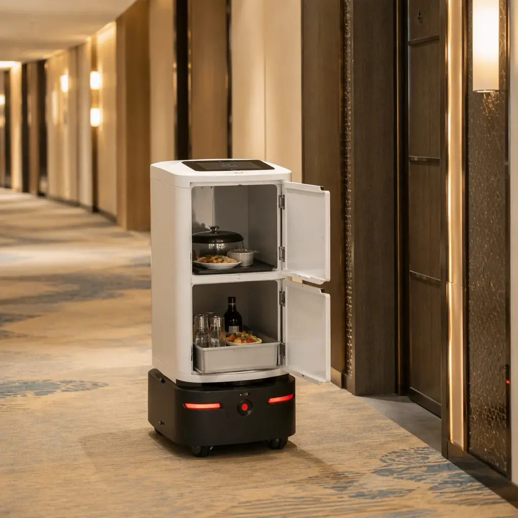 AOMAN DOUBLE dual-cabin delivery robot carrying two stacked storage trays along a hotel corridor, photorealistic