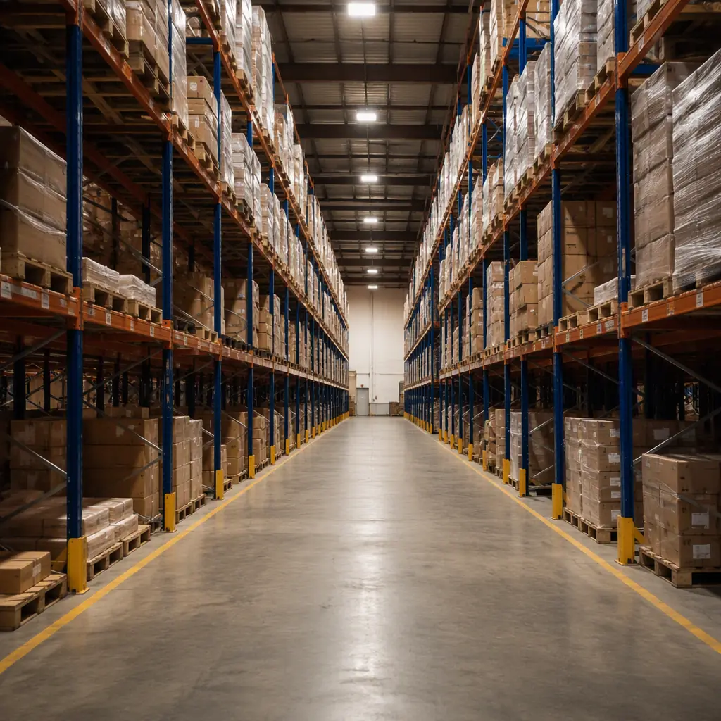 Warehouse aisle with pallet racking and a wide clear floor lane, no robots, no product renders