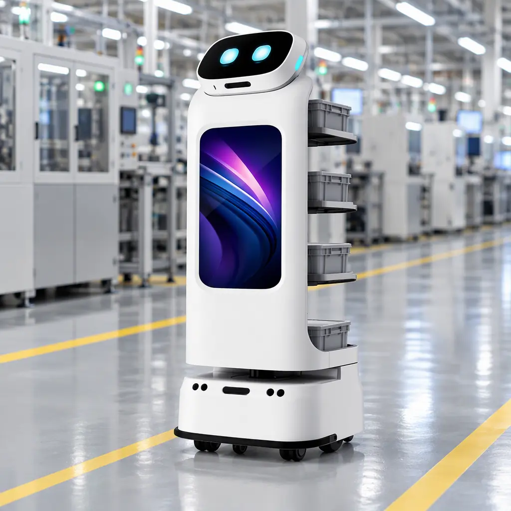Compact autonomous delivery robot moving along a factory aisle beside a production line, no people and no text
