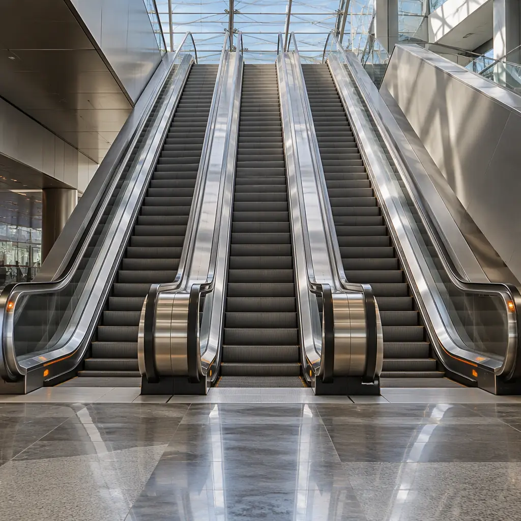 Photorealistic wide photograph of a broad multi-lane escalator bank in a modern transit concourse, brushed stainless-steel cladding, clean step treads, overhead daylight, no people and no text